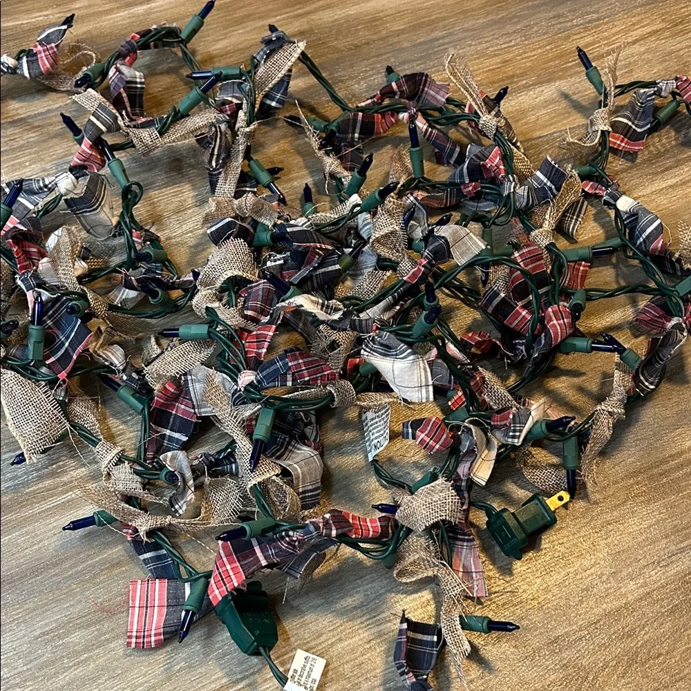 Qty 1 Blue String Lights with Red & Blue Plaid and Burlap Accents 18' Long